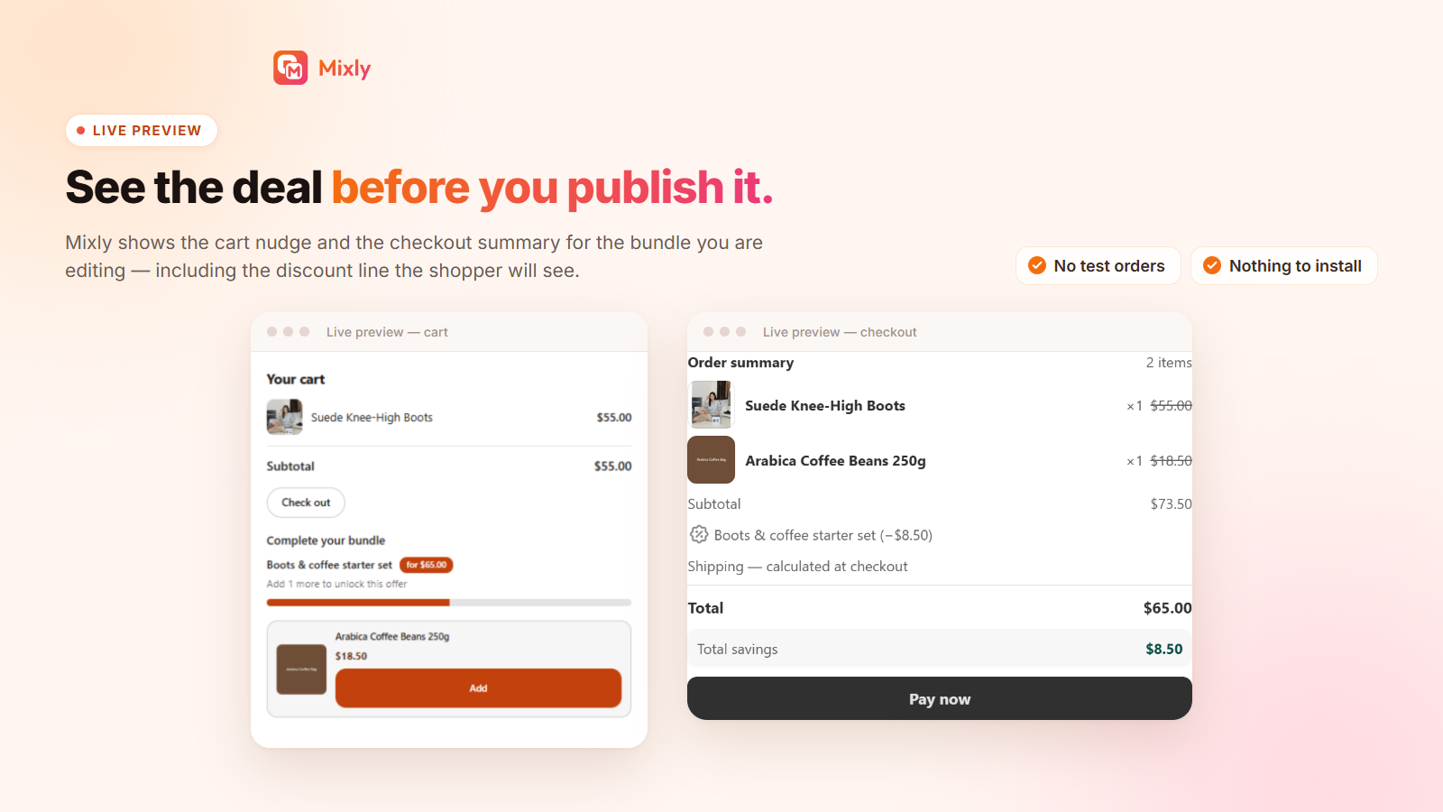 Live preview of the cart nudge and checkout summary