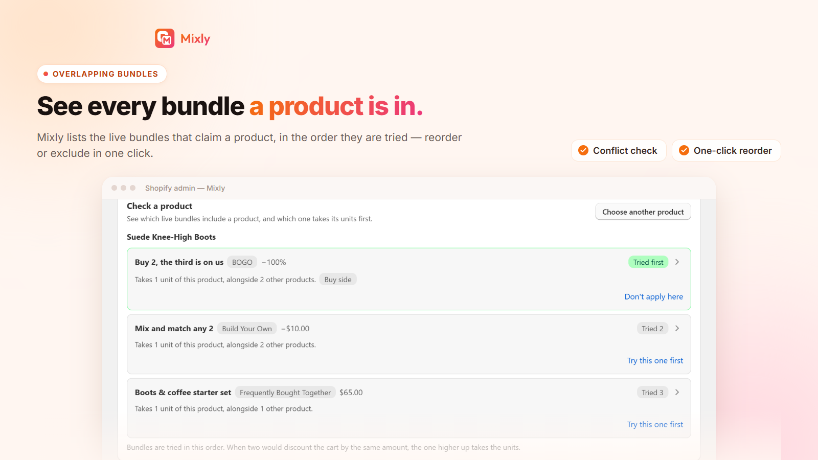 Every bundle a product is in, with conflict check