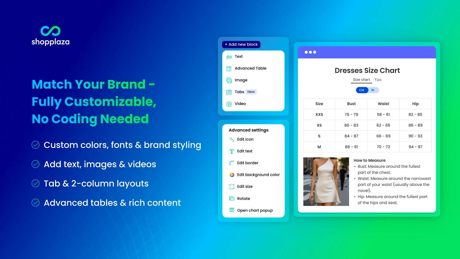 Chart editor with text, tables and media blocks